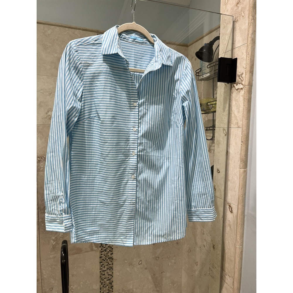 J. McLaughlin Seersucker Stripe Button Front Blouse Blue Size XS Teal White